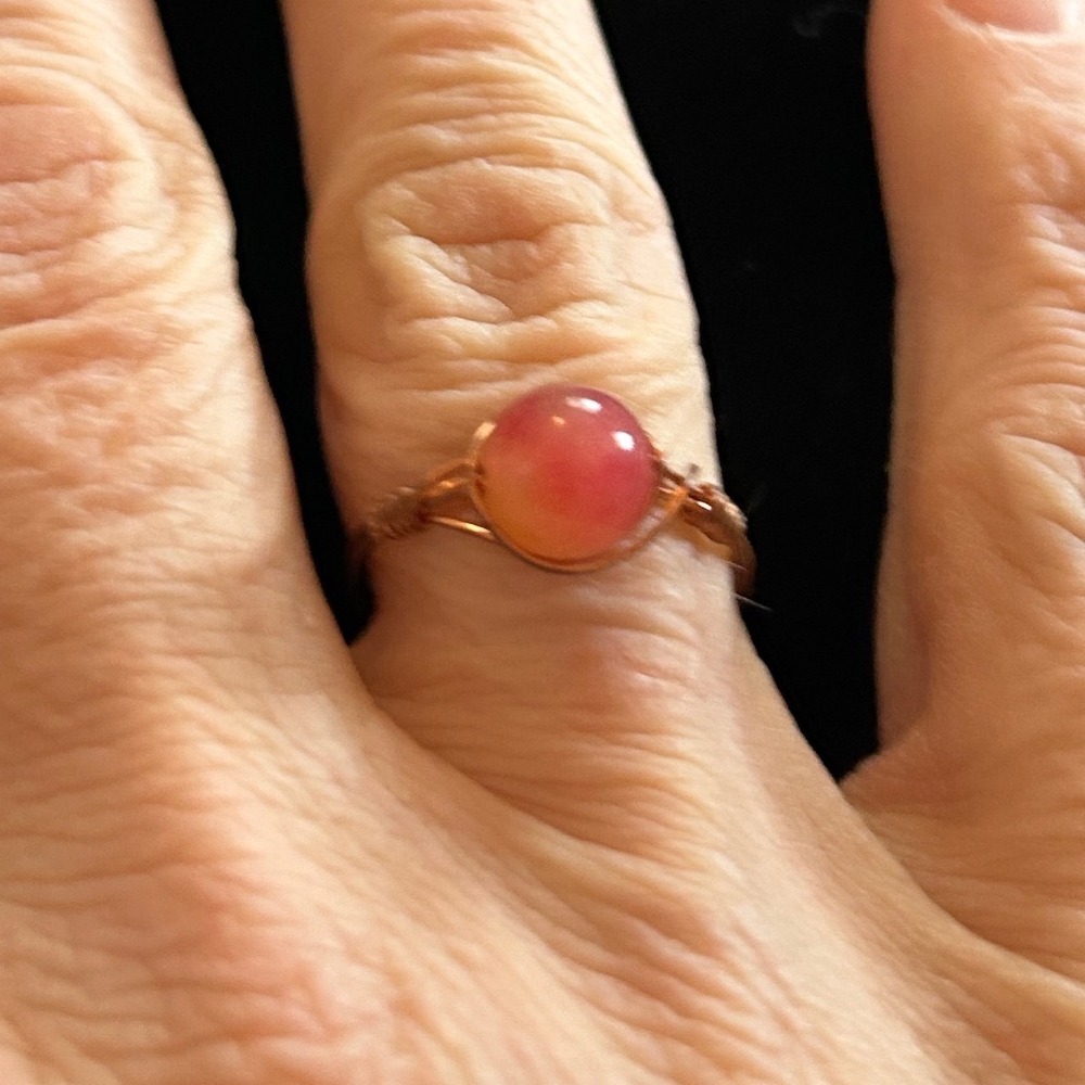 Handcrafted Wire-Wrapped Pink Agate Cabochon‎ Ring. Size 7.5